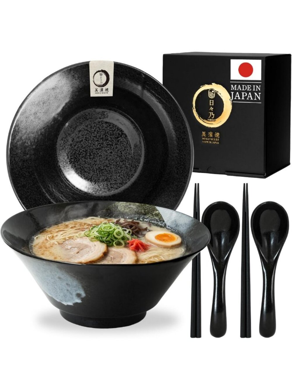 Elegant Japanese Ramen Bowl Set of 2 | Mino Ware 6-Piece Dining Set, Black